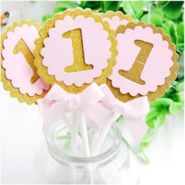 CAKE TOPPERS 1 JAAR, 5 STUKS | ROZE/GOUD