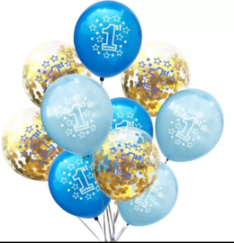 BALLONNEN 1 JAAR, 10 stuks | BLAUW/GOUD METALLIC 