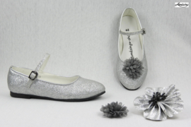 Prinses ballerina schoenen ZILVER GLITTER + 2 gratis bloemclips en 1 haarbloem