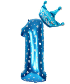 Folie Ballon blauw Prince met kroon + cijfer 1