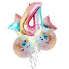 Folie Ballon Unicorn 4 jaar (5 stuks)