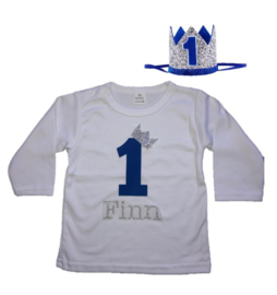 Shirt jongen getal 1 blauw-zilver met naam + kroon
