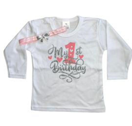 Verjaardag shirt Shirley My 1st Birthday zilver/roze (2-delig)