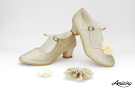 Prinses schoenen CHAMPAGNE GLITTER + 2  bloemclips + 1 haarbloem