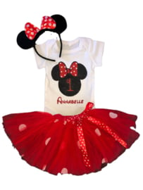 Minnie Mouse rood tutu verjaardagset 1 jaar (3-delig) + NAAM *