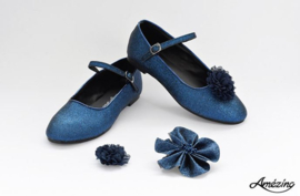 Prinses ballerina schoenen BLAUW GLITTER + 2 gratis bloemclips en 1 haarbloem