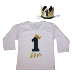 Shirt/romper jongen getal 1 zwart-goud met naam + kroon
