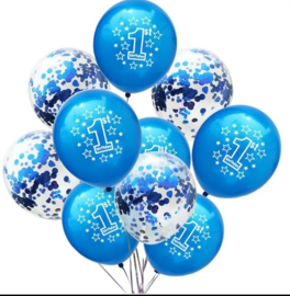 Ballonnen 1 jaar blauw  en confetti - 10 stuks