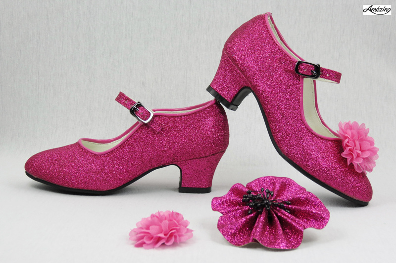Prinses schoenen PINK GLITTER + 2 gratis bloemclips en 1 haarbloem 