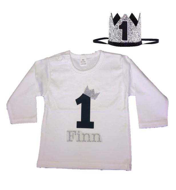Shirt jongen getal 1 zwart-zilver met naam + kroon