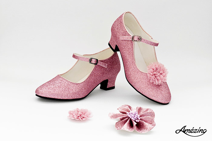 Prinses schoenen ROZE-DUSTY  PINK GLITTER + 2 gratis bloemclips en 1 haarbloem