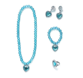 Prinsessen set blauw- ketting, armband, oorbellen + ring