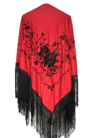 Spaanse manton/omslagdoek rood zwart - zwarte franjes L