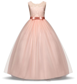 Communie kleedje prinsessenjurk zalm roze + bloemenkrans