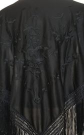 Spaanse manton/omslagdoek zwart met zwarte bloemen