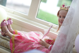 Prinsessenjurk Royal Queen Deluxe roze goud + kroon