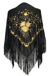 Spaanse manton/omslagdoek zwart met gouden rozen