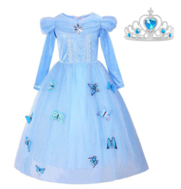 Prinsessenjurk blauw vlinders Luxe + GRATIS kroon