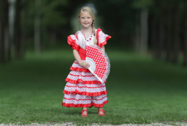 Spaanse flamenco waaier rood/wit met wit kant