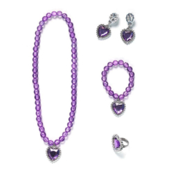 Prinsessen set paars - ketting, armband, oorbellen + ring