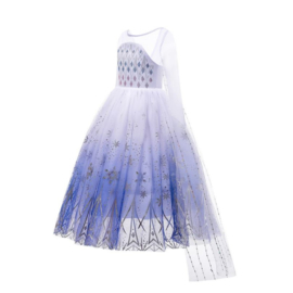 aanplakbiljet Zee doolhof Elsa IJskristallen jurk wit blauw Deluxe met sleep + kroon | FROZEN JURKEN  | Spaansejurk Nederland