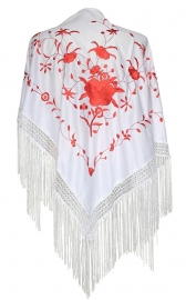 Spaanse manton/omslagdoek wit met rode bloemen