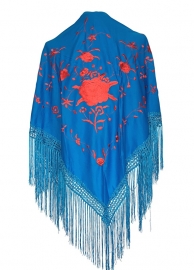 Spaanse manton/omslagdoek blauw/rood