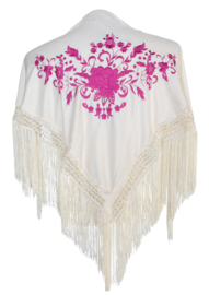 Spaanse manton/omslagdoek creme wit roze bloem SMALL