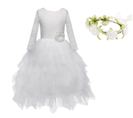 Communie bruidsmeisjes jurk wit kant laagjes + bloemen krans