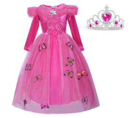 Prinsessenkleedje roze vlinders Luxe + GRATIS kroon