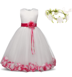 Communie bruidsmeisjes jurk wit roze met bloemen + krans