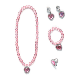 Prinsessen set roze - ketting, armband, oorbellen + ring