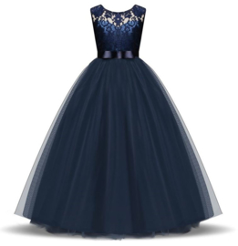 Communie jurk prinsessenjurk donker blauw + bloemenkrans