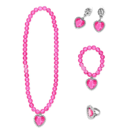 Prinsessen set fel roze- ketting, armband, oorbellen + ring