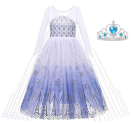 Elsa IJskristallen jurk wit blauw Deluxe met sleep + kroon