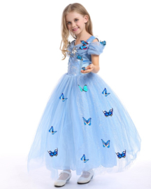 Prinsessenjurk blauw vlinders korte mouw Luxe + GRATIS kroon