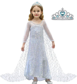 Elsa jurk IJskoningin wit zilver Deluxe + GRATIS kroon