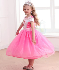 Prinsessen kleedje fel roze Luxe met broche + GRATIS kroon