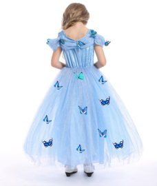 Prinsessenkleedje blauw vlinders korte mouw Luxe + GRATIS kroon