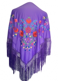 Spaanse manton/omslagdoek paars, diverse kleuren bloemen