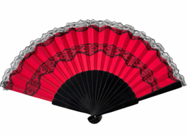 Spaanse flamenco waaier rood zwart kant GROOT, hout en stof