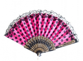 Spaanse flamenco waaier roze/zwart met kant