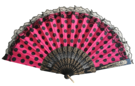 Spaanse flamenco waaier roze/zwart met kant