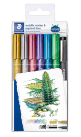 Staedtler Metallic Marker etui 6 stuks Assorti + pigment Liner Zwart