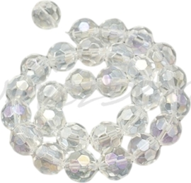 03870 Glaskraal faceted rond streng (± 30cm) Transparant AB 12mm; gat 1,5mm 1 streng