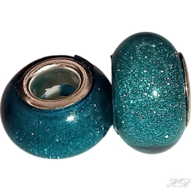 04599 Pandorastijl kraal Acryl glitter Zilverkleurig/lichtblauw (Zeegroen) 9x14mm; gat 5mm 2 stuks