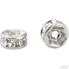 00621 Spacer Rondel rhinestone Metaalkleurig~chrystal 316 stainless steel  10x4mm; gat 2mm 2 stuks