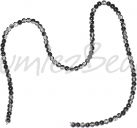 03973 Glaskraal crackle 2-kleurig streng (±40cm) Zwart-transparant 4mm; gat 1mm  1 streng