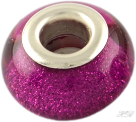 04753 Pandorastijl kraal Acryl glitter Zilverkleurig/Fuchsia 14x9mm; gat 5mm 2 stuks