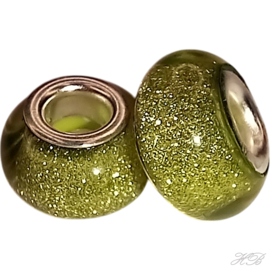04895 Pandorastijl kraal Acryl glitter Zilverkleurig/geelgroen  9x14mm; gat 5mm 2 stuks